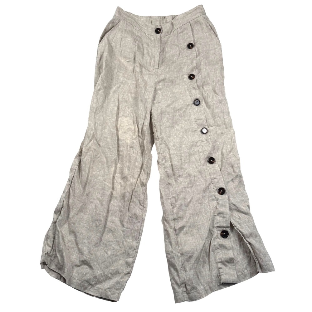 Lintico Katya Wide Leg Linen Pants Womens Small Beige Side Button High Rise Boho
